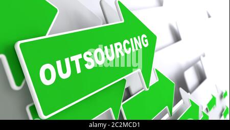 Outsourcing - background aziendale. Freccia verde con slogan "Outsourcing" su sfondo grigio. Rendering 3D. Foto Stock