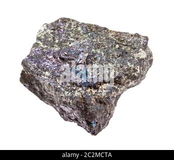 Primo piano di campione di minerale naturale proveniente dalla raccolta geologica - Bornite grezza (minerale di pavone) pietra isolata su sfondo bianco Foto Stock