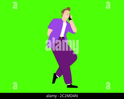 Disegno di bel fumetto uomo che ha il telefono parlare all'aperto. Uomo d'affari che parla su smartphone in strada. Happy man chiama il telefono all'aperto. Dipendente dell'ufficio Foto Stock