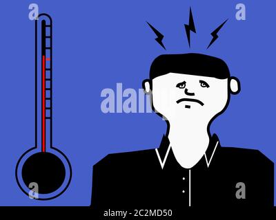 Disegno di uomo di cartone animato malato con febbre e termometro può essere Covid-19 sintomi di Coronavirus polmonite virus malattia concetto di pandemia, assistenza sanitaria Foto Stock