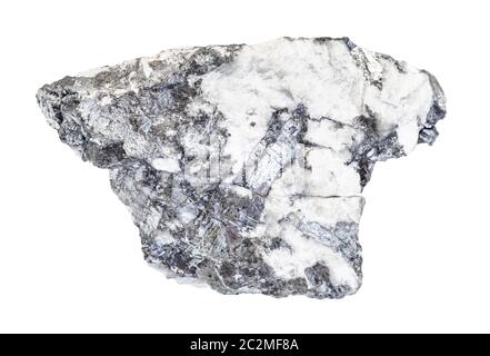 Primo piano del campione di minerale naturale proveniente dalla collezione geologica - roccia Bismutinite non lucidata isolata su sfondo bianco Foto Stock