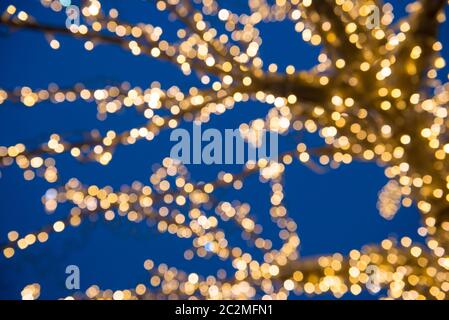 Blorred luci dorate albero di Natale e scuro fuori Foto Stock