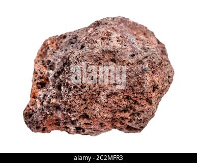 Primo piano di un campione di minerale naturale proveniente dalla collezione geologica - ciottoli di roccia di Pumice marrone rosso isolato su sfondo bianco Foto Stock