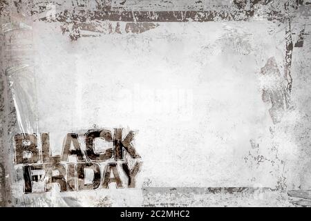 Venerdì nero Grunge sfondo con una schifezza telaio e resti di nastro Scotch e cellophane. Completamente modificabile. Sporco design artistico elemento, box, telaio Foto Stock