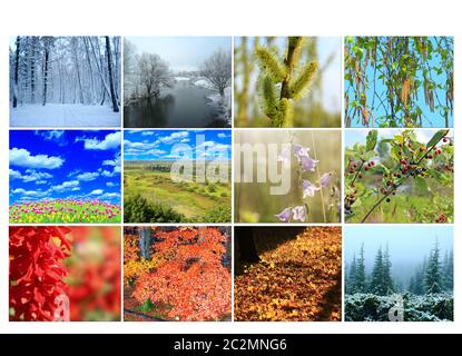 Vuoto con dodici diverse immagini colorate della natura per il calendario. Foto pronta per il calendario Foto Stock