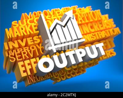 Output with Growth Chart - testo bianco su Yellow WordCloud su sfondo blu. Foto Stock