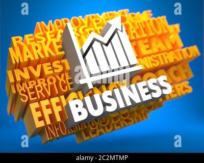 Business with Growth Chart Icon - White Text on Yellow WordCloud on Blue background. Foto Stock