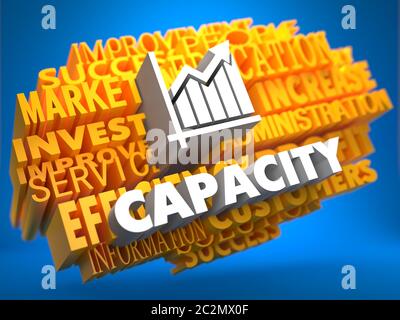 Grafico della capacità con crescita - testo in bianco su WordCloud giallo su sfondo blu. Foto Stock