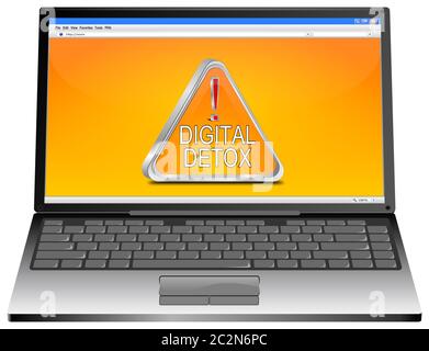 Computer portatile con pulsante Detox digitale arancione sul desktop arancione - illustrazione 3D Foto Stock
