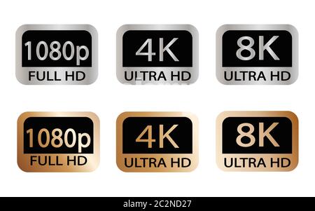 Icone di risoluzione video o video in bianco, nero e dorato. Impostare da 1080p a 8k. 8K UHD è la risoluzione più elevata definita nello standard Rec. 2020. Foto Stock