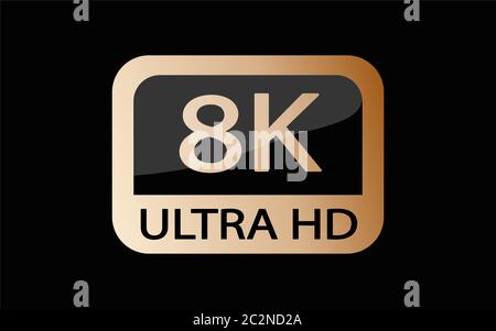 Icone di risoluzione video o video in bianco, nero e dorato. Impostare da 1080p a 8k. 8K UHD è la risoluzione più elevata definita nello standard Rec. 2020. Foto Stock