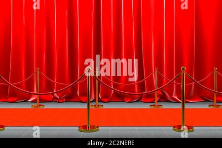 tappeto rosso con barriere color oro e corda rossa, tende di velluto. rendering di immagini 3d. concetto di celebrità ed esclusività. Foto Stock
