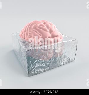 Immagine 3D di un cervello umano congelato in un blocco di ghiaccio. Concetto di malattia mentale e un po' di creatività. Foto Stock