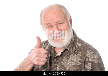 Senior uomo mostra Thumbs up gesto isolato su bianco Foto Stock