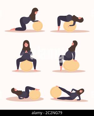 Yoga durante la gravidanza. Raccolta di esercizi di fitness con flipper. Donna araba che fa sport. Concetto di salute e sport. Bellezza carattere femminile Illustrazione Vettoriale