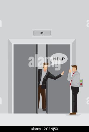 Illustrazione vettoriale di un uomo cartoon dietro lo sportello dell'ascensore bloccato intrappolato all'interno della fit e chiedendo aiuto. Illustrazione Vettoriale