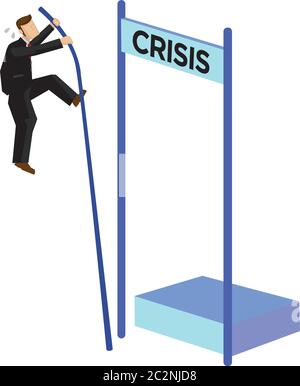 Il palo dell'uomo d'affari vaulting sopra la crisi. Concetto di gestione delle crisi, crollo delle azioni o fallimento. Illustrazione vettoriale isolata in piano. Illustrazione Vettoriale