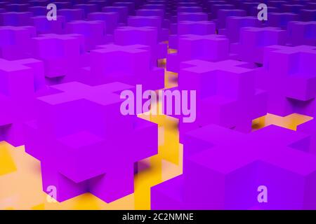 Schema di illustrazione 3D di grandi croci volumetriche violacee su sfondo isolato giallo. Semplici trame geometriche e forme Foto Stock