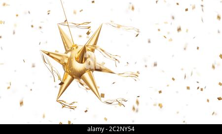 3D rendering, illustrazione di una pinata messicana dorata con confetti su sfondo bianco Foto Stock