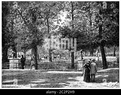 Sotto i castagni delle Tuileries, illustrazione d'epoca incisa. Parigi - Auguste VITU – 1890. Foto Stock