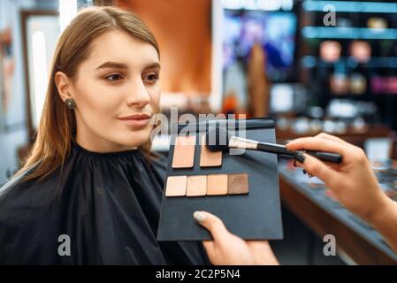 Visagiste e lady sceglie cosmetici per il trucco in negozio. Client femmina in un salone di bellezza, procedura per il trucco Foto Stock