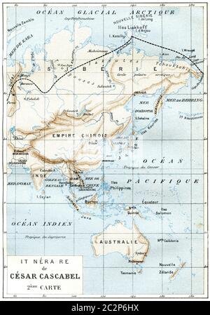 1° Mappa di Cesar Cascabel, illustrazione d'epoca incisa. Jules Verne Cesar Cascabel, 1890. Foto Stock