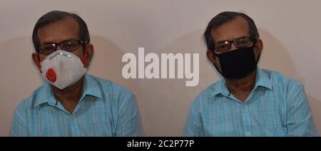 Indian Senior Citizen Twin Brothers mettendo diversi tipi di maschera protettiva come precauzione contro Corona Virus. Distanza sociale Foto Stock