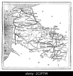 Mappa del dipartimento di Pas-de-Calais, vintage illustrazioni incise. Journal des Voyages, viaggio ufficiale, (1879-80). Foto Stock