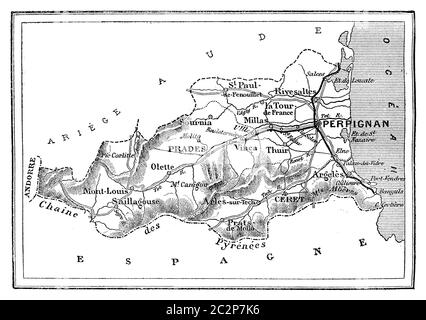 Mappa del Dipartimento dei Pirenei orientali, vintage illustrazioni incise. Journal des viaggio, viaggio ufficiale, (1880-81). Foto Stock