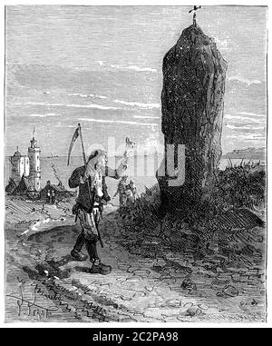 Il Tour de France un piccolo parigino, Menhir di Bretagna, illustrazione d'epoca incisa. Journal des Voyage, Travel Journal, (1880-81). Foto Stock