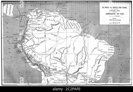 Mappa da parigi al brasile, Sud america, illustrazione d'epoca incisa. Journal des Voyages, Travel Journal, (1880-81). Foto Stock