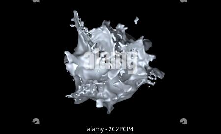 Il computer astratto ha generato un oggetto simile a un coagulo di latte o un liquido bianco con molti spray, isolato su uno sfondo nero. Rendering 3D Foto Stock