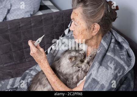 Una nonna caucasica molto vecchia con i capelli grigi e le rughe profonde è seduta a casa su un divano con un gatto animale domestico. La malattia è Foto Stock