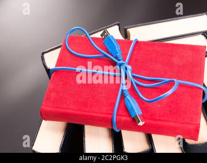 Blue Ribbon dal cavo usb sul libro rosso Foto Stock