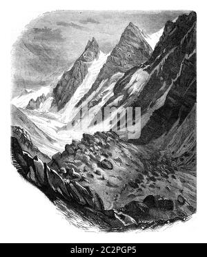 Ghiacciai Cerro da Tolosa, nella Cordillera del Cile, illustrazione d'epoca incisa. Magasin Pittoresque 1847. Foto Stock