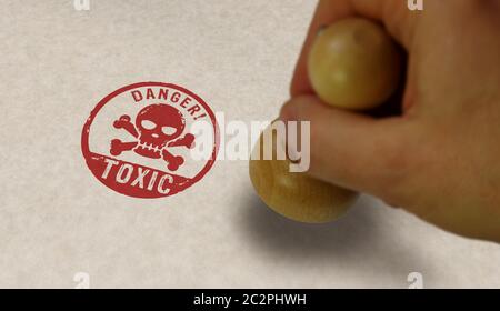 Pericolo tossico con il cranio e la mano di stampaggio. Concetto di avvertenza veleno. Foto Stock