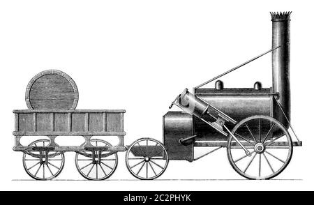 George Stephenson's Rocket, 1829, illustrazione vintage incisa. Magasin Pittoresque 1861. Foto Stock