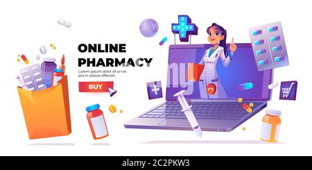 Banner farmacia online. Servizio di farmacia online. Banner vettoriale cartoon con medico donna o farmacista sullo schermo del computer portatile, farmaci, pillole e pulsante di acquisto su sfondo bianco Illustrazione Vettoriale