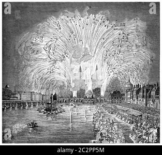 Fuochi d'artificio mostra tira sul fiume Senna, 29 agosto 1739, annata illustrazione incisa. Enciclopedia industriale E.-O. Lami - 1875. Foto Stock