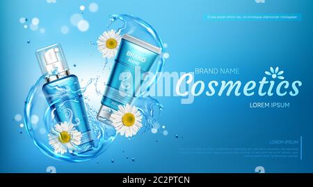 Le bottiglie di cosmetici camomilla simulano il banner. Pacchetto di prodotti di bellezza naturale con tubi a pompa e crema su fondo blu con spruzzi d'acqua e fiori. Eco idratare cosmetico realistico 3d illustrazione vettoriale Illustrazione Vettoriale
