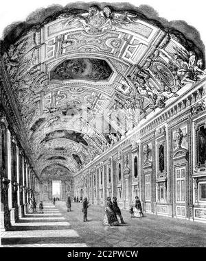 La Galleria Apollo nel Louvre, illustrazione d'epoca incisa. Magasin Pittoresque 1852. Foto Stock