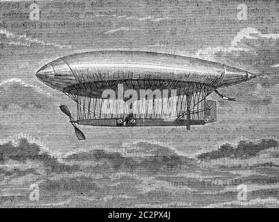 L'aerostatonave, la France, mm. Capitani Krebs e Renard, illustrazione d'epoca incisa. Enciclopedia industriale E.-O. Lami - 1875. Foto Stock