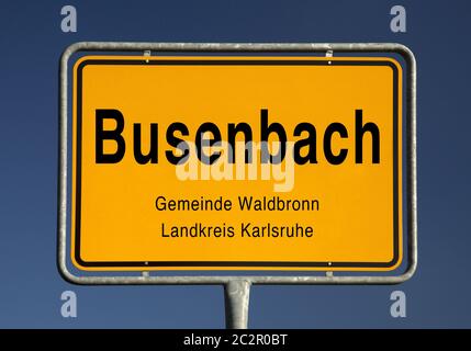 Cartello d'ingresso della città di Busenbach, distretto di Karlsruhe, Baden-Wuerttemberg, Germania, Europa Foto Stock