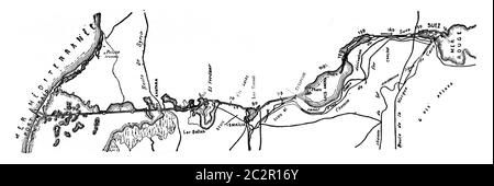 Mappa del canale di Suez, illustrazione vintage incisa. Enciclopedia industriale E.-O. Lami - 1875. Foto Stock
