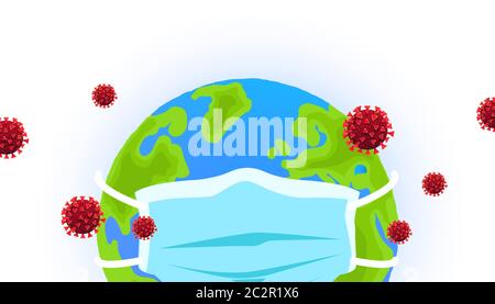 Pianeta globo in una maschera medica con cellule di Coronavirus intorno. Covid-19. Illustrazione vettoriale Illustrazione Vettoriale