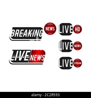 Interfaccia banner notizie Vector tv , etichetta news strip o icona, notizie dal vivo, ultime notizie, Full HD, ultra HD, drammatizzazione, iscrizione live stream. Rosso s Illustrazione Vettoriale