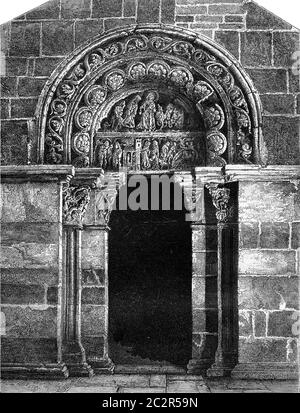 Porta laterale (sud) della chiesa Sainte-Madeleine a Vezelay, annata illustrazione incisa. Magasin Pittoresque 1869. Foto Stock