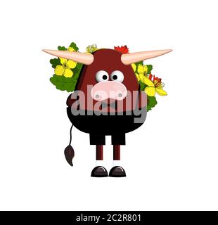 Personaggio di toro, toro cartoon. Simbolo 2021. Bue. Simpatico vettore di toro su sfondo bianco Illustrazione Vettoriale