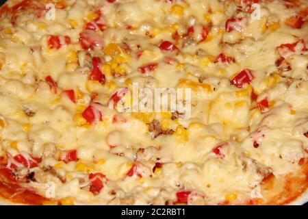 Pizza fresca e appetitosa con ingredienti deliziosi da vicino. Pizza gustosa sul piatto da vicino. Foto Stock