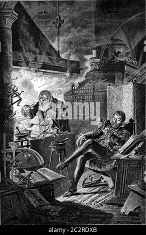 Il principe elettore John Georges all'alchimista Leonard Thurneysser, illustrazione d'epoca incisa. Dall'Universo e dall'umanità, 1910. Foto Stock